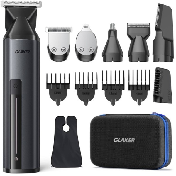 GLAKER Beard Trimmer for Men,Cordless Hair Trimmer,Electric Razor with Interchangeable Magnetic Attachments for Hair Body Facial Trimming,6 in 1 Men Gromming Kit with Storage Bag and Beard Bib Apron (grey)