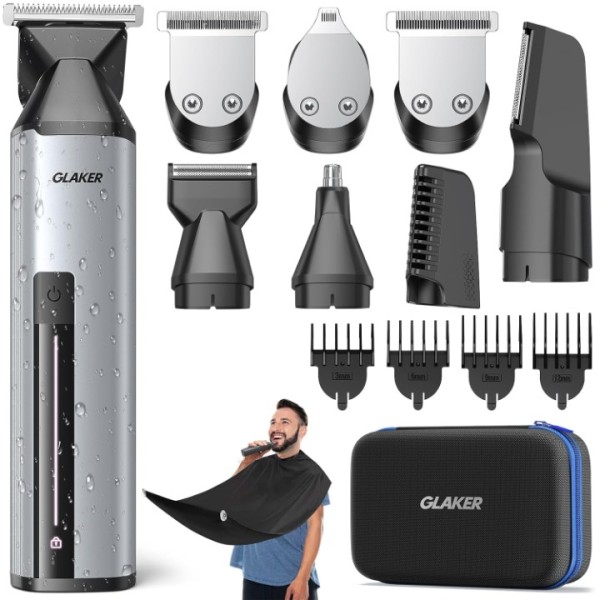 GLAKER Beard Trimmer for Men,Cordless Hair Trimmer,Electric Razor with Interchangeable Magnetic Attachments for Hair Body Facial Trimming,6 in 1 Men Gromming Kit with Storage Bag and Beard Bib Apron (silvery)