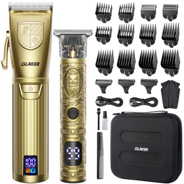 GLAKER Hair Clippers for Men Professional, Cordless Clippers for Hair Cutting, Mens Hair Clippers and Trimmer Kit for Barber with LED Display 15 Guide Combs (golden)