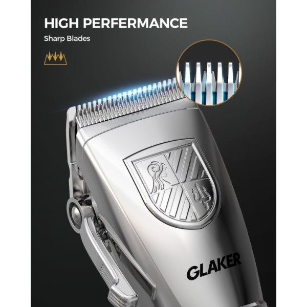 GLAKER Hair Clippers for Men Professional, Cordless Clippers for Hair Cutting, Mens Hair Clippers and Trimmer Kit for Barber with LED Display 15 Guide Combs (silvery)