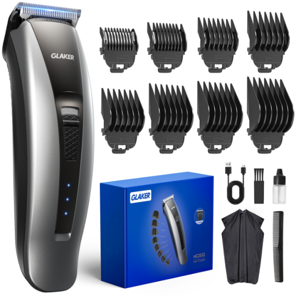 GLAKER Hair Clippers for Men - Cordless & Corded 2 in 1 Hair & Beard Trimmer with ABS Guards, Detachable Blades & Turbo Motor, Professional Haircutting Kits for Blending & Fade Cuts (grey)